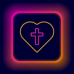 Glowing neon line Christian cross in heart icon isolated on black background. Happy Easter. Colorful outline concept. Vector