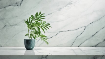  a green plant in a blue vase on a marble table.  generative ai