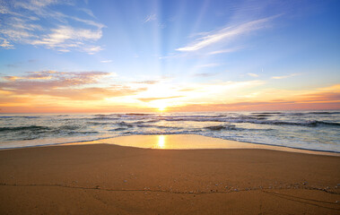 Landscape with sea sunset on beach.