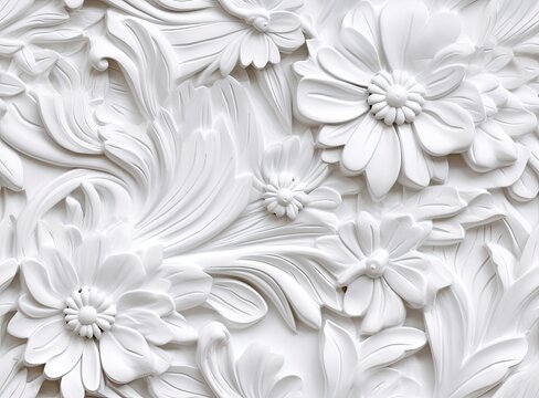 Patterns on the ceiling gypsum sheets of white flowers, plaster background - floral pattern, seamless pattern. Created with Generative AI technology © lililia