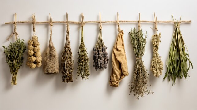  a bunch of dried herbs hanging on a line on a wall.  generative ai