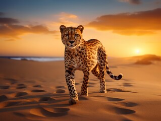 A leopard walks along the shore of the sea or ocean against the background of sunset