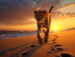 A leopard walks along the shore of the sea or ocean against the background of sunset