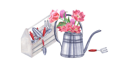 Watercolor garden tools in wooden box. Bouquet of pink double tulips in steel watering can. Illustration isolated on white background. Hand trowels, fork, crate, flowers for gardening and flowering © Masha_tolk_art