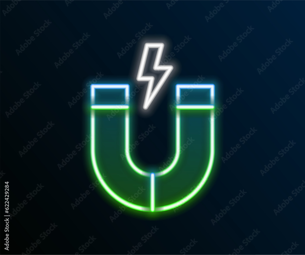 Sticker glowing neon line magnet icon isolated on black background. horseshoe magnet, magnetism, magnetize, 