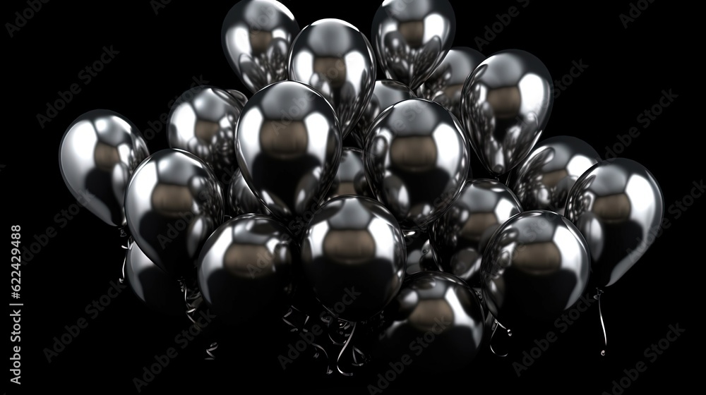 Poster a bunch of metallic balloons are in the shape of a pyramid. generative ai