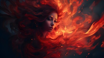 red woman on fire on dark bacground