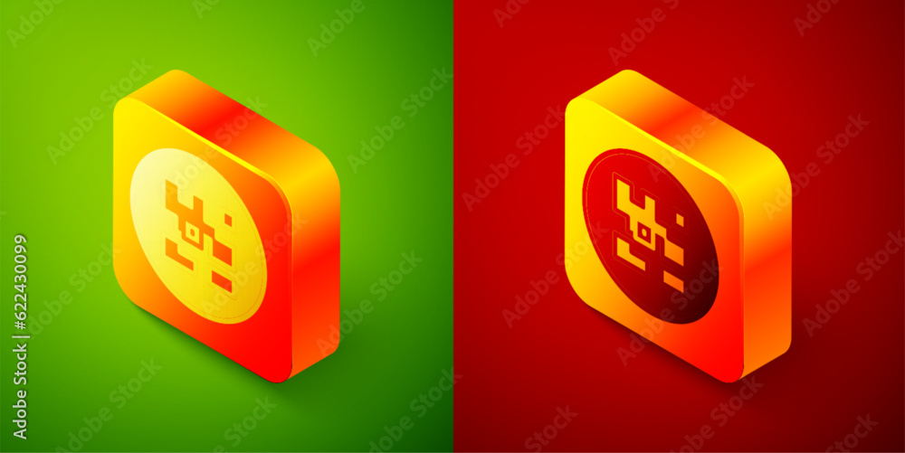 Poster isometric qr code sample for smartphone scanning icon isolated on green and red background. square b