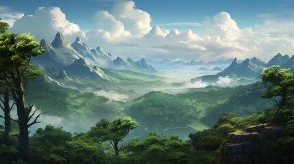  a painting of a mountain landscape with trees and mountains in the background. generative ai