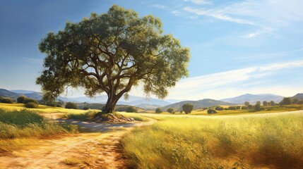 Fototapeta premium a painting of a tree on a dirt road in a field. generative ai