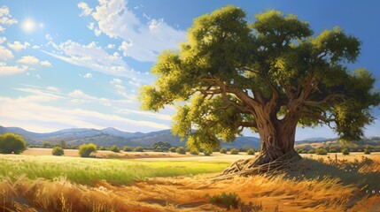 Fototapeta premium a painting of a tree in a field with mountains in the background. generative ai