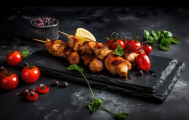 Kebabs - grilled meat skewers, shish kebab with vegetables on black wooden background. Created with...