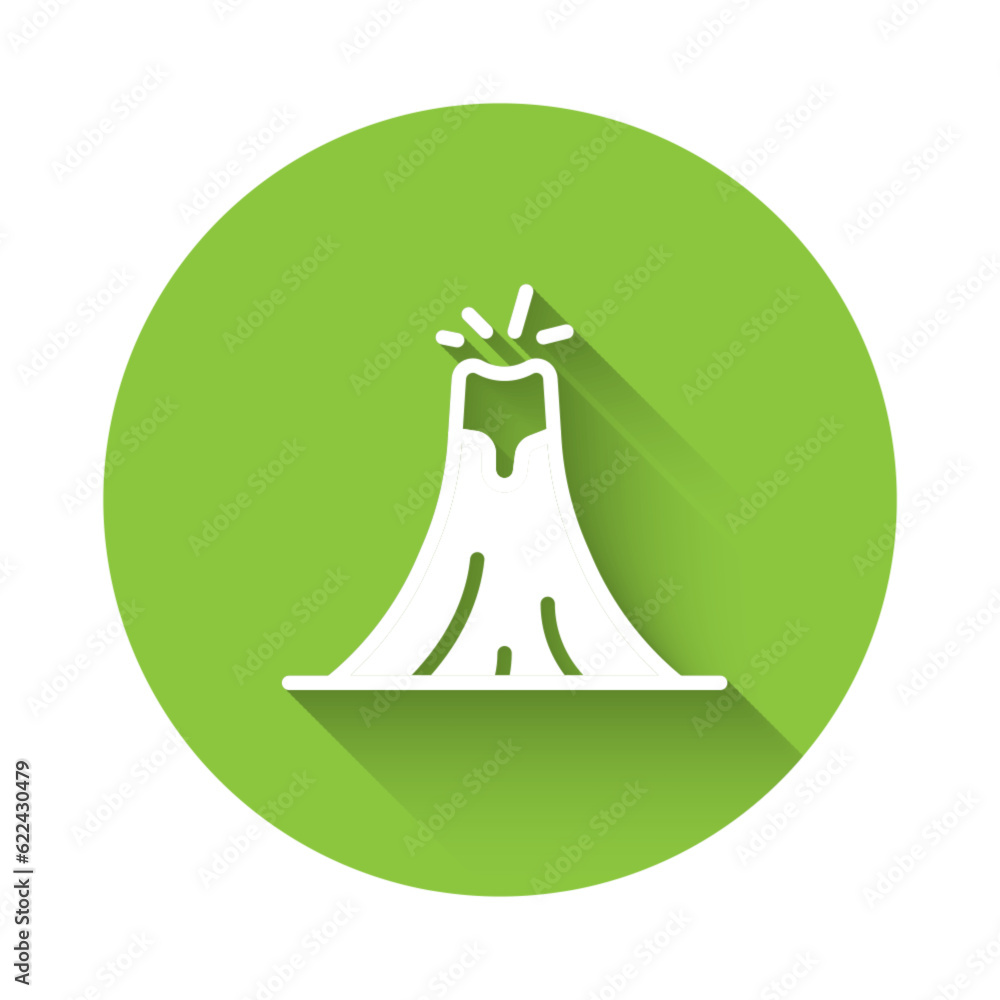 Poster white volcano eruption with lava icon isolated with long shadow background. green circle button. vec