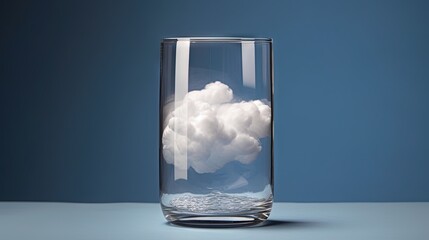  a glass with clouds inside of it on a blue surface.  generative ai