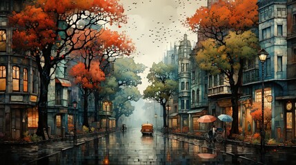  a painting of a city street with a person holding an umbrella.  generative ai