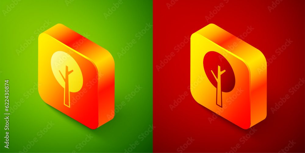 Poster isometric tree icon isolated on green and red background. forest symbol. square button. vector