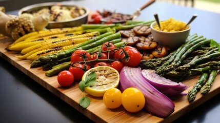  a wooden cutting board topped with lots of veggies.  generative ai