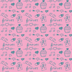 Seamless pattern with love words and cute love doodles on a pink background.  Saint Valentine's Day background.  Lovely symbols.