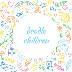 Children's doodle background. Round frame from kids colorful drawings. Template with outline drawn cartoon elements
