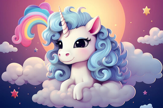 Adorable cartoon illustration featuring a unicorn riding on a fluffy, colorful cloud. The illustration should radiate joy, wonder, and a sense of magic.