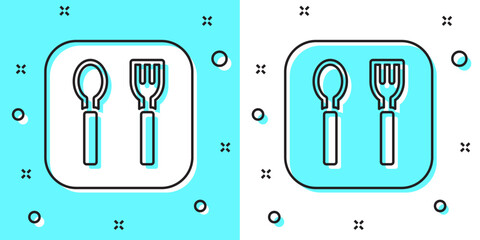 Black line Fork and spoon icon isolated on green and white background. Cooking utensil. Cutlery sign. Random dynamic shapes. Vector