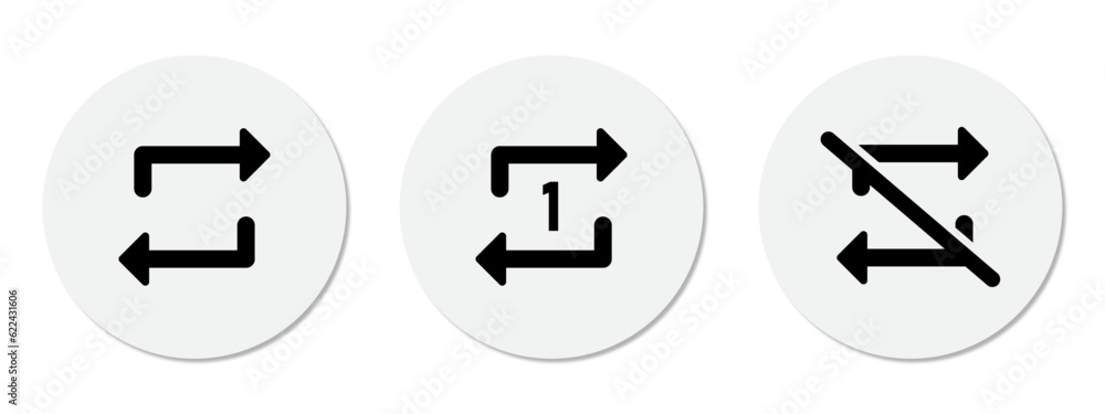 Poster repeat, replay, next song and don't repeat song icons. repeat music button icon vector for media pla
