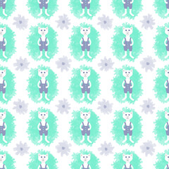 Seamless cute pattern for kids. Fluffy white cats in blue overalls and abstract spots