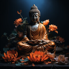 Buddha statue in a temple with orange lotus flowers. Ai generated. Meditation and spirituality concept. Buddhist religion. Wallpaper for spiritual center and spa