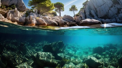 Fototapeta premium an underwater view of rocks and trees in the water near a rocky shore. generative ai