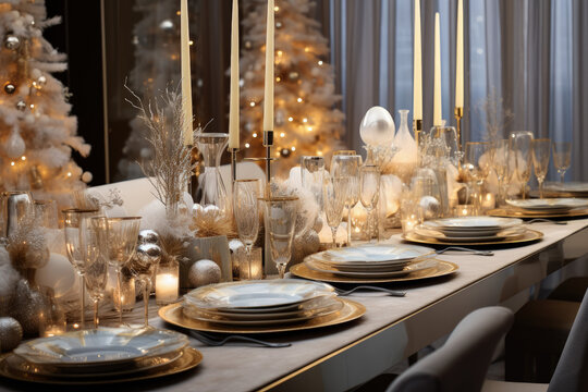 Christmas Dinner, White Winter Table Decoration for Christmas, Beautiful and Festive Interior at Home - Generative Ai