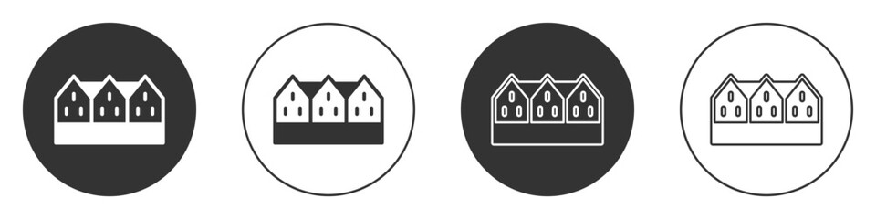 Black Icelandic wooden house icon isolated on white background. Architecture element of Iceland. Circle button. Vector