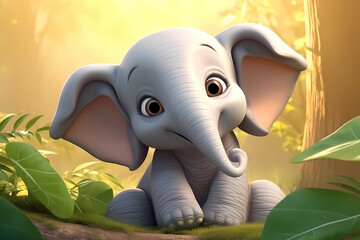 cute elephant cub, baby illustration, 3d render style, children cartoon animation style