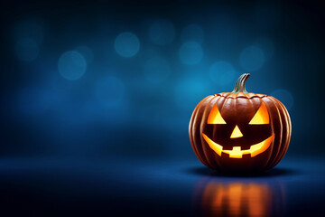 Halloween pumpkin lit by a lantern in a blue background