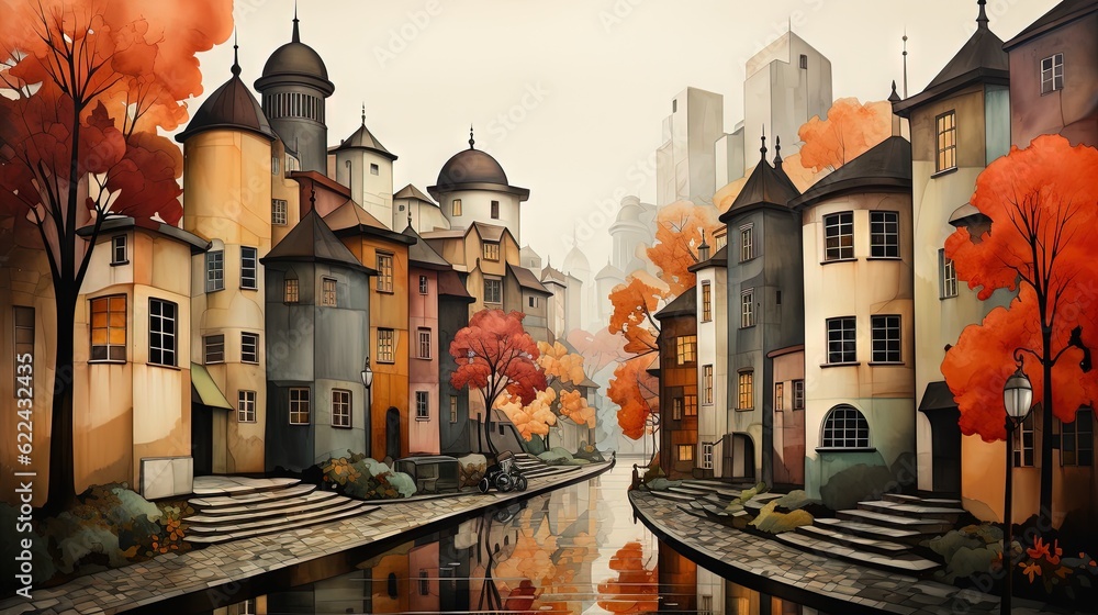 Poster a painting of a city with a river running through it. generative ai