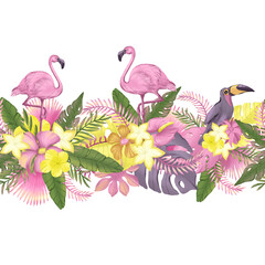 Tropical flowers bouquet seamless border. Pink flamingo hand painted endless border on white background design, wallpaper with exotic leaves, jungle flowers, paradise birds