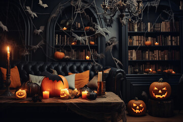 Interior of house decorated for Halloween with pumpkins, spider webs and lanterns