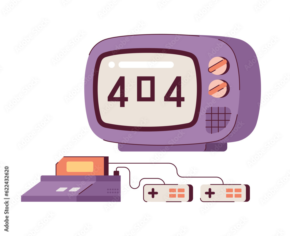 Poster tv screen and console for video games error 404 flash message. hobby activity. empty state ui design
