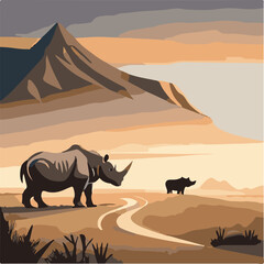illustration of a rhinoceros raising a young rhino in their natural habitat 