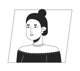 Happy caucasian woman with bun hairstyle black white cartoon avatar icon. Editable 2D character user portrait, linear flat illustration. Vector face profile. Outline person head and shoulders