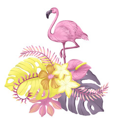 Tropical flower bouquet with pink flamingo isolated on transparent background. Pink flowers hand painted wallpaper with exotic leaves, jungle flowers, paradise birds