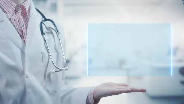 Pharmacy expert showing a new product with copy space for commercial text or mobile application app logo. Doctor wearing uniform is presenting with hand and pointing with finger. Laboratory background