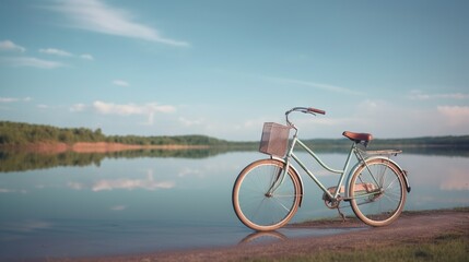 Fototapeta premium a bike parked on the shore of a lake with a basket on the front. generative ai