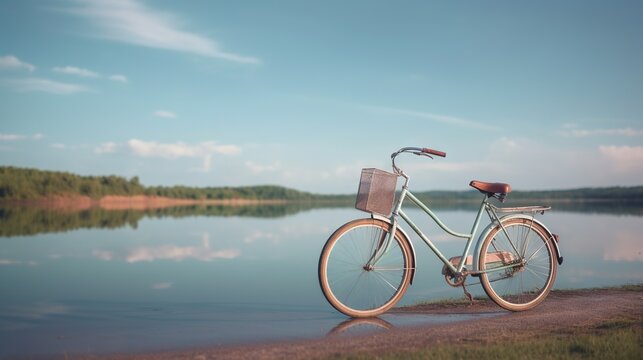  a bike parked on the shore of a lake with a basket on the front.  generative ai