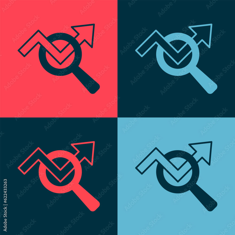 Poster pop art magnifying glass and data analysis icon isolated on color background. search sign. vector