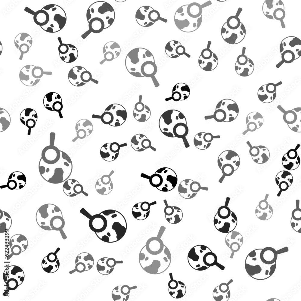 Poster black magnifying glass with globe icon isolated seamless pattern on white background. analyzing the 