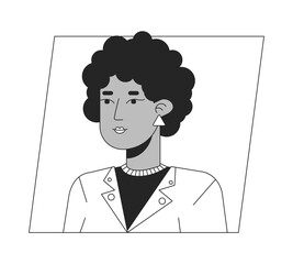 Attractive adult african american lady black white cartoon avatar icon. Editable 2D character user portrait, linear flat illustration. Vector face profile. Outline person head and shoulders