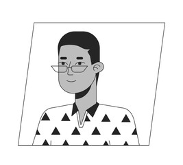 Calm african american boy in glasses black white cartoon avatar icon. Editable 2D character user portrait, linear flat illustration. Vector face profile. Outline person head and shoulders