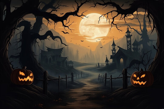 Halloween landscape with spooky pumpkins on the way at night