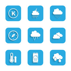 Set Cloud with rain, Weather forecast, Meteorology thermometer, Compass, and Kelvin icon. Vector