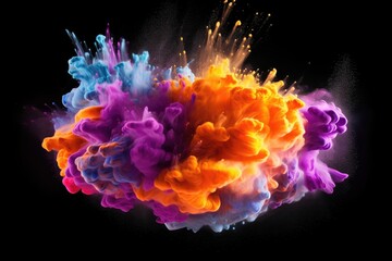 An explosion of colorful Holi colors on a black background. Banner for the festival. Generative AI